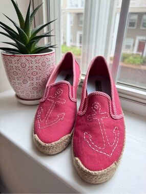 Sperry Slip-On Espadrilles Red Canvas White Embroidered Anchor Womens 5.5